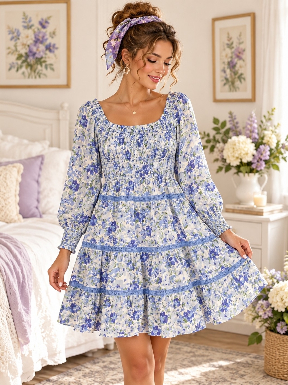 Japna Blue Floral Smocked Tiered Dress Size M NWT